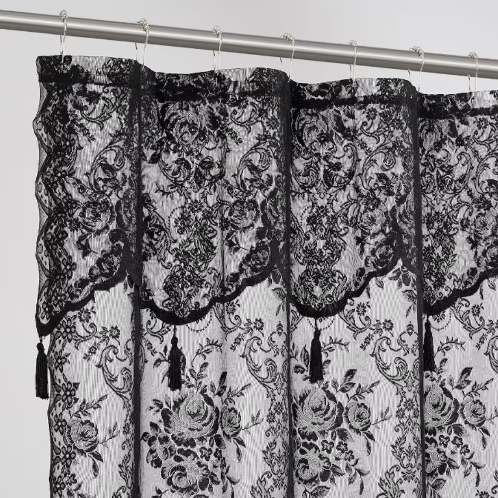 Gothic Witchy Black Lace Shower Curtain with Attached Valance & Tassels 72 x 72